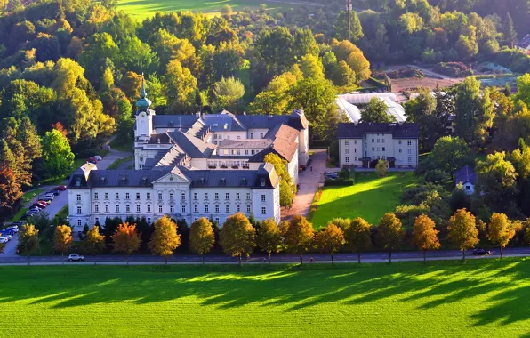 Road, greens, grass, trees, lawn, Austria, panorama, Sunny
