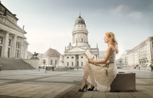 Girl, the city, building, pavers, dress, blonde, shoes, book