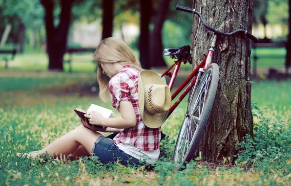 Forest, summer, girl, bike, Park, tree, shirt, sdapa