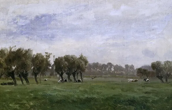 Grass, trees, landscape, picture, cows, Carlos de Haes, Dutch Meadows