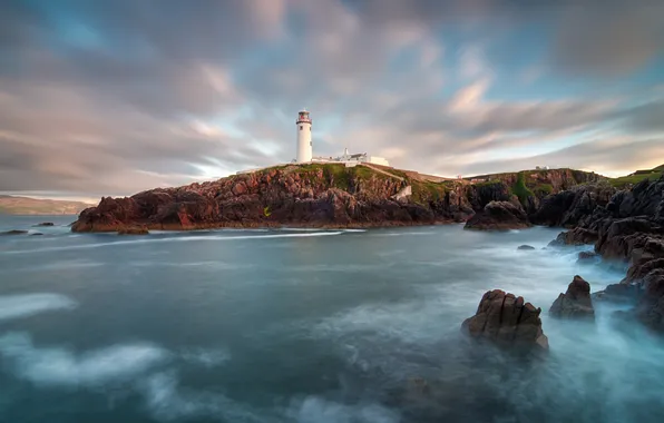 Sea, clouds, shore, lighthouse