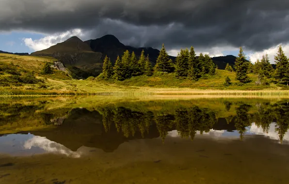 Picture water, trees, mountains, clouds, reflection, river, overcast, shore