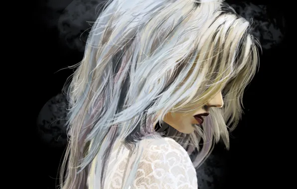 Girl, hair, art, blonde, lips, profile, black background