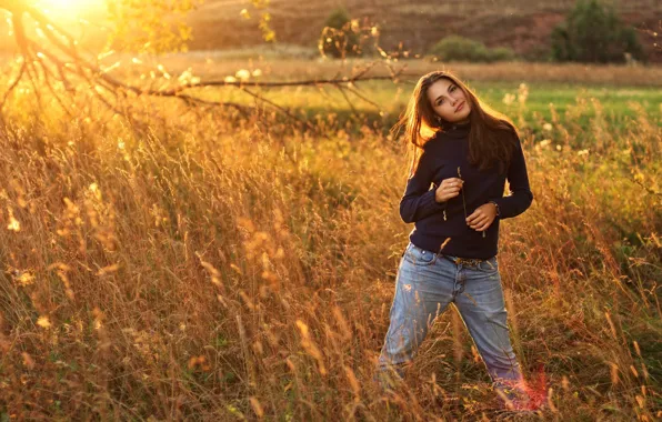 Wallpaper Field Grass Look Girl The Sun Landscape Smile Portrait