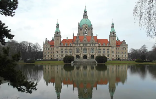 Landscape, pond, reflection, Germany, Hanover, new town hall