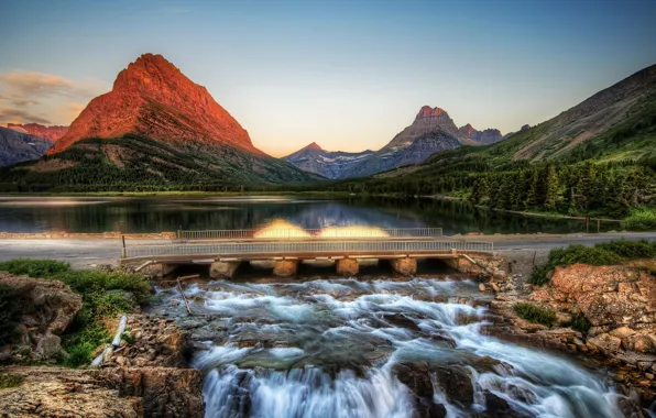 Picture water, mountains, bridge, lake, waterfall