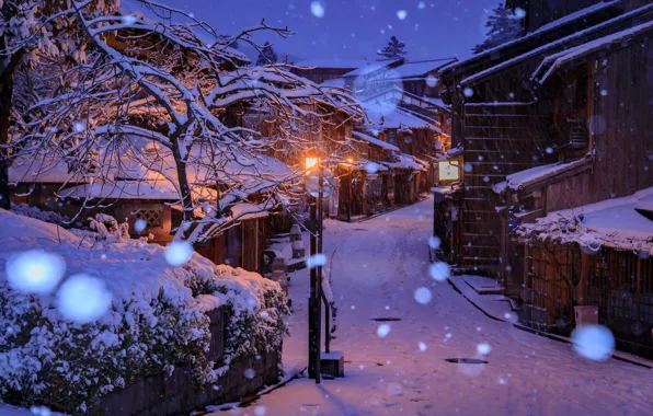 Winter, snow, snowflakes, lights, street, home, the evening, Japan