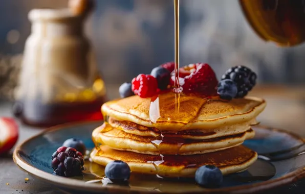 Berries, raspberry, table, blueberries, honey, plate, stack, honey