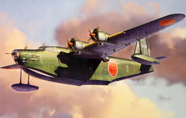 War, art, painting, aviation, ww2, japanese airplane, Kawanishi H8K2 Type 2 Flying Boat 851st Flying …
