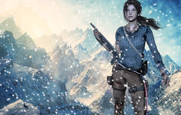 Picture girl, snow, weapons, Tomb Raider, Lara Croft, shotgun, snowy mountains, Lara Croft