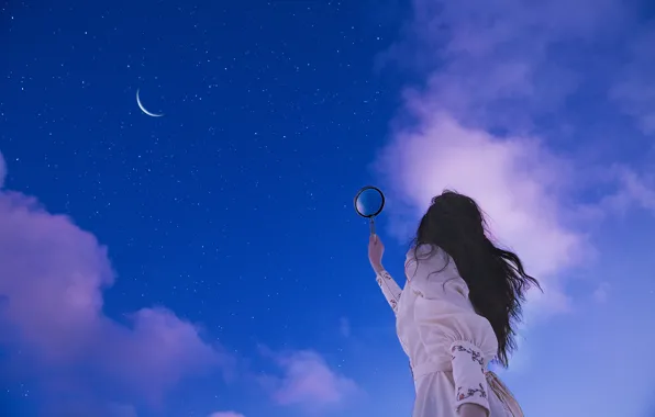 The sky, girl, stars, magnifier, Lichon