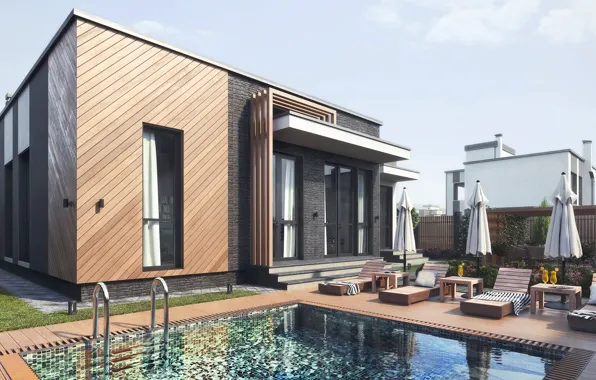 Pool, umbrellas, structure, sunbeds, Сottage village