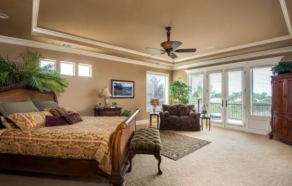 Picture design, palm trees, sofa, bed, pillow, window, wardrobe, bedroom