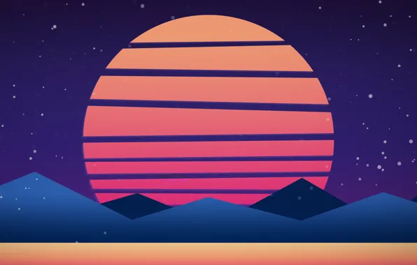 The sun, Mountains, Music, Style, Background, Neon, 80's, Synth