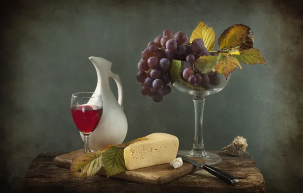 Wine, cheese, grapes, still life