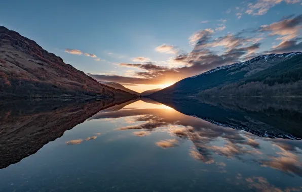 Forest, the sky, the sun, clouds, light, sunset, mountains, lake
