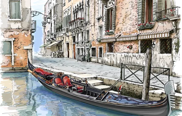 The city, street, home, painting, gondola, Venice