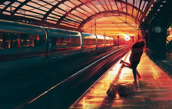 Joy, sunset, watch, meeting, station, train, cars, hugs