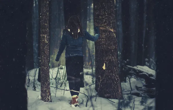 Winter, forest, snow, trees, Girl, girl