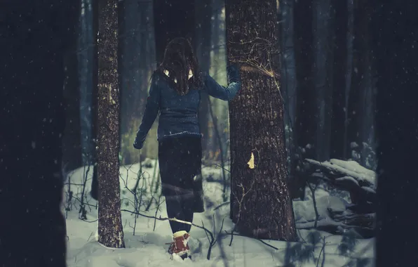 Winter, forest, girl, snow, trees, girl