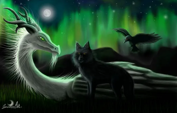 Picture grass, the moon, wolf, stars, snakes, Raven, Fenrir, Ermengard