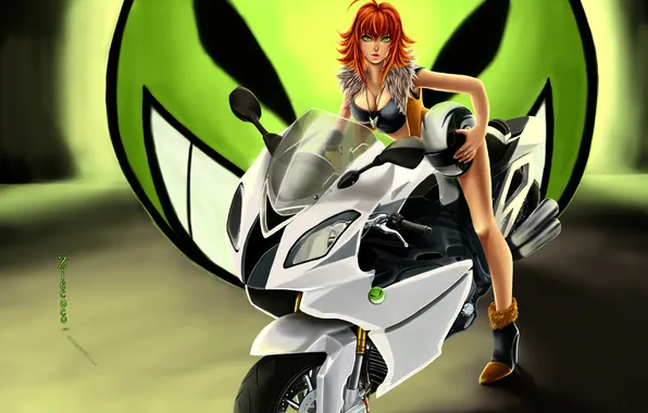 Look, girl, background, anime, art, smiley, ziecoco, motocikl