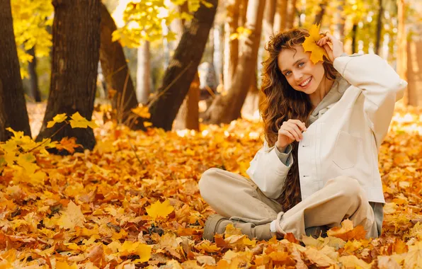 Autumn, look, girl, light, joy, nature, pose, smile