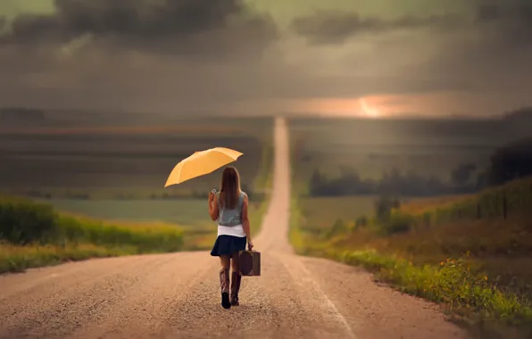 Road, girl, the way, umbrella, space, girl, suitcase, care