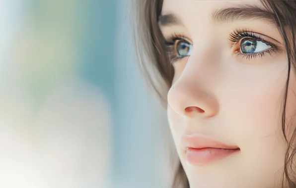 Look, face, youth, portrait, girl, light background, grey eyes, AI art
