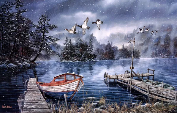 Lake, boat, duck, pier, boat, lantern, painting, late autumn