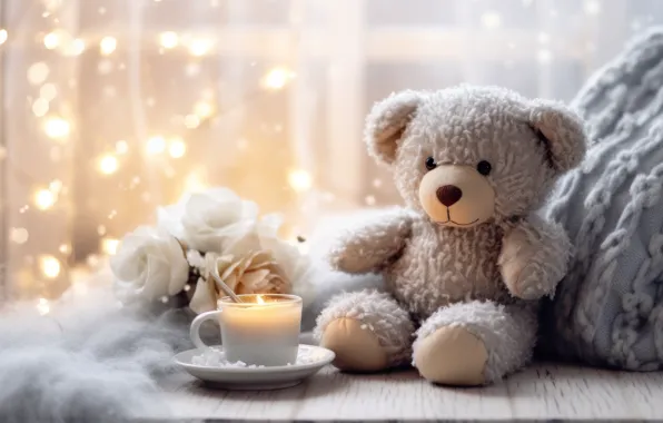 Toy, roses, candle, bear, bear, garland, bokeh, Teddy bear