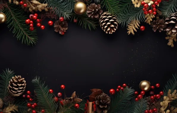 Balls, branches, berries, the dark background, fruit, Christmas, New year, black background