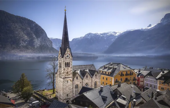Mountains, lake, Austria, Hallstatt