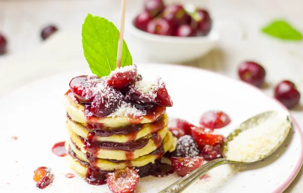 Cherry, pancakes, dessert, syrup, coconut, pancakes, pancakes