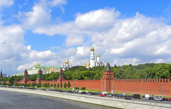 Road, river, panorama, Moscow, the Kremlin