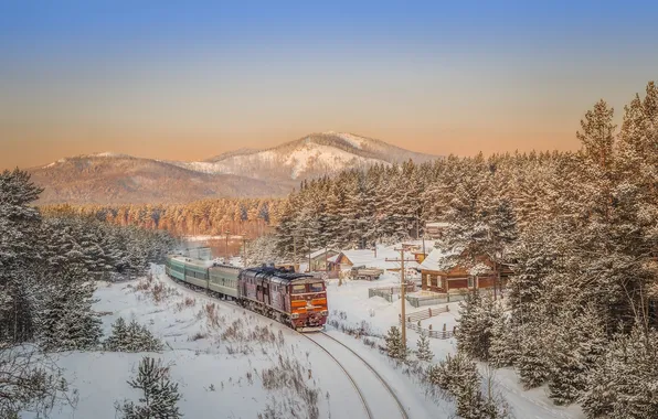 Winter, forest, the sky, snow, landscape, mountains, train, village