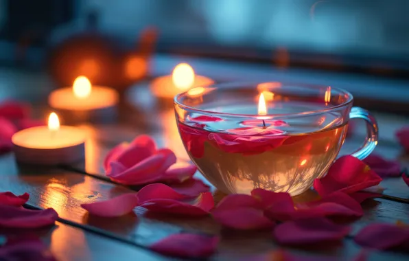 Flowers, lights, table, holiday, roses, candle, candles, petals