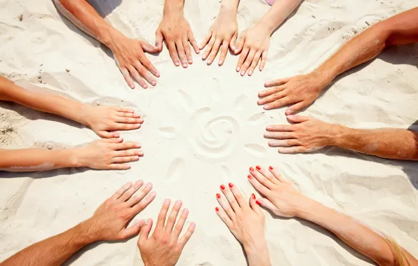 Sand, the sun, round, hands, friendship, team, fingers, nails