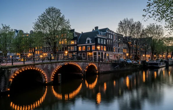 Water, bridge, Windows, building, the evening, Amsterdam, channel, Keizersgracht