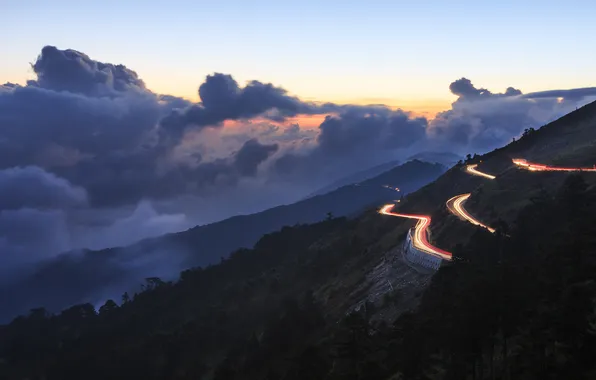 Picture road, the sky, clouds, lights, hills, the evening, serpentine