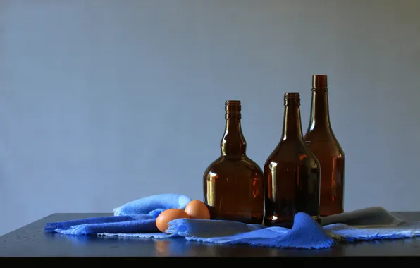 Picture style, bottle, eggs, still life
