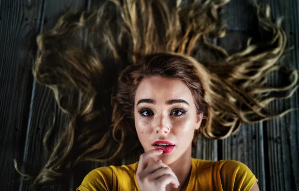 Picture look, girl, face, hair, hand, portrait, makeup, freckles