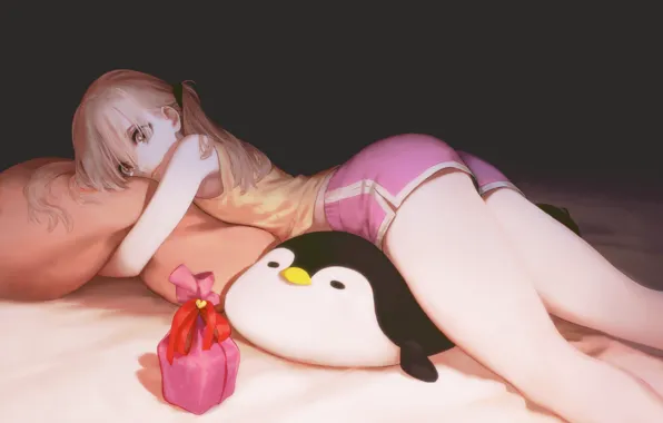 Girl, Toy, pillow, Penguin
