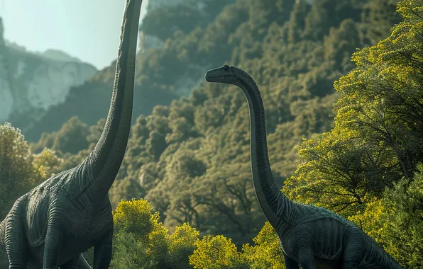 Water, Mountains, Trees, River, Two, Animals, Digital art, Dinosaurs