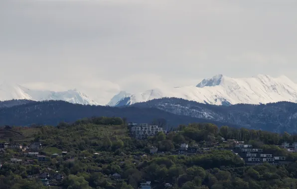 The sky, snow, mountains, the city, rocks, building, home, spring