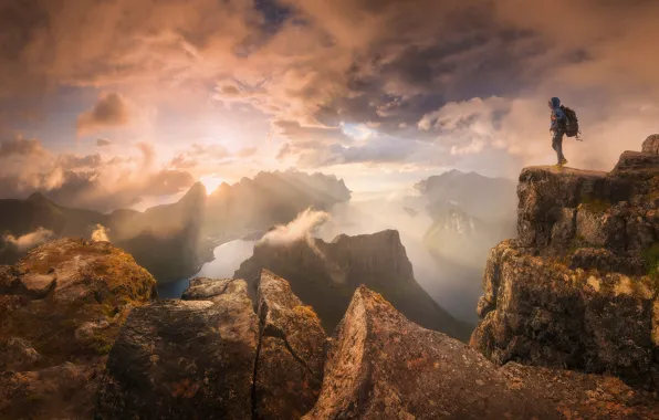 The sky, clouds, light, mountains, fog, open, rocks, tops