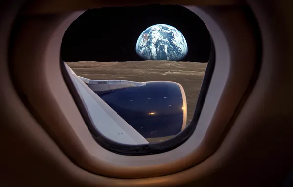 The plane, the moon, the window, moon, airplane, under the wing