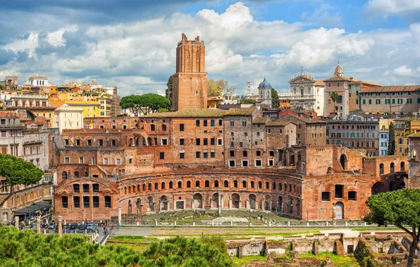 Picture the sky, the sun, clouds, trees, the city, building, home, Rome