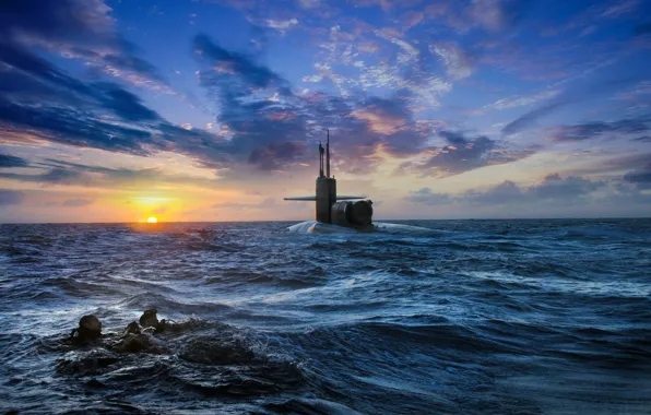 Picture sea, the sky, sunset, submarine, divers