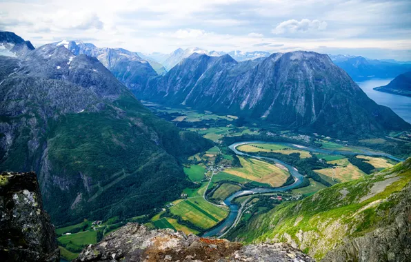 Picture field, forest, clouds, mountains, river, rocks, Norway, panorama